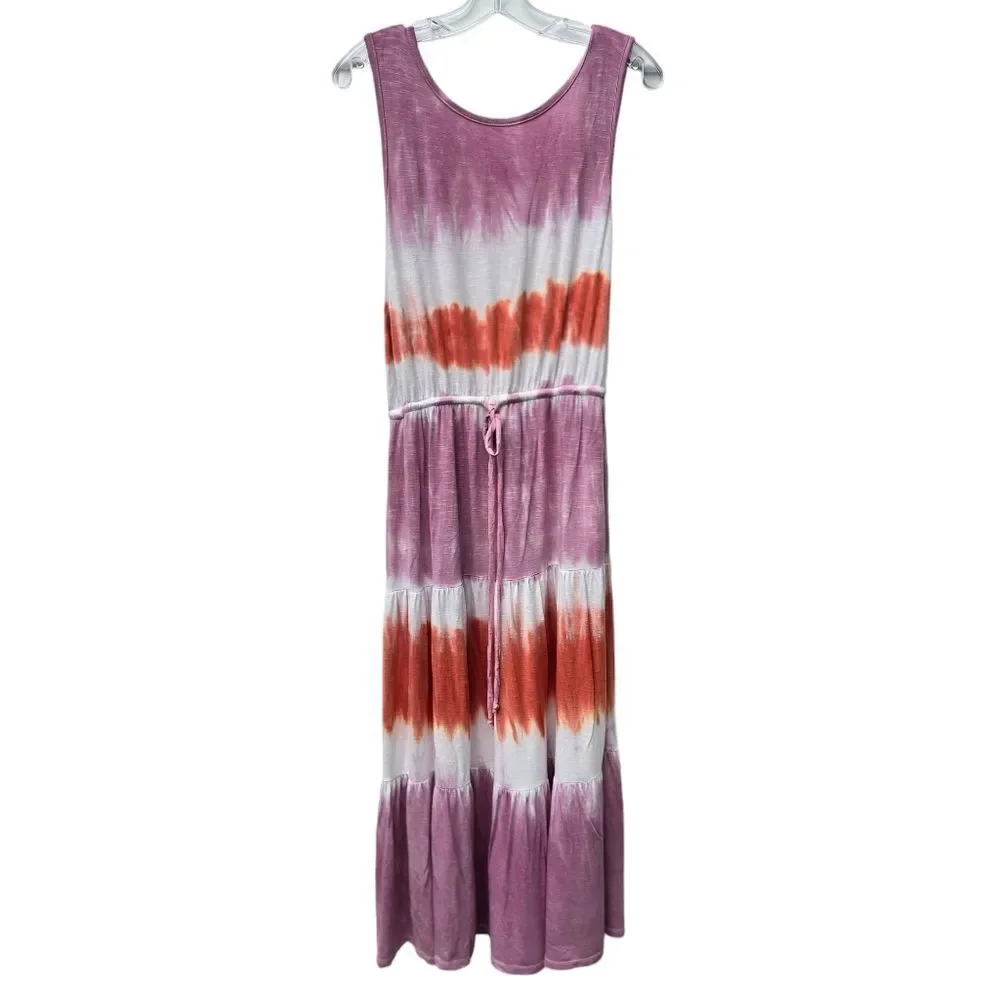 Knox Rose Low Back Scoop Neck Tie Dye Maxi‎ Dress White Pink Orange Medium
